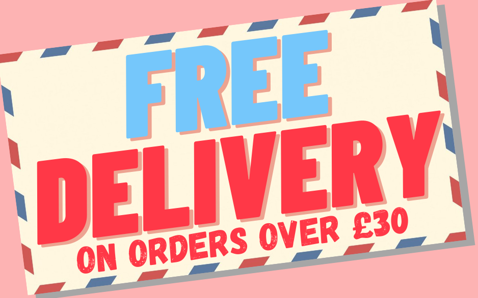 Voucher showing 'Free Delivery on orders over £30'. Pink and blue text with a pale pink background. 